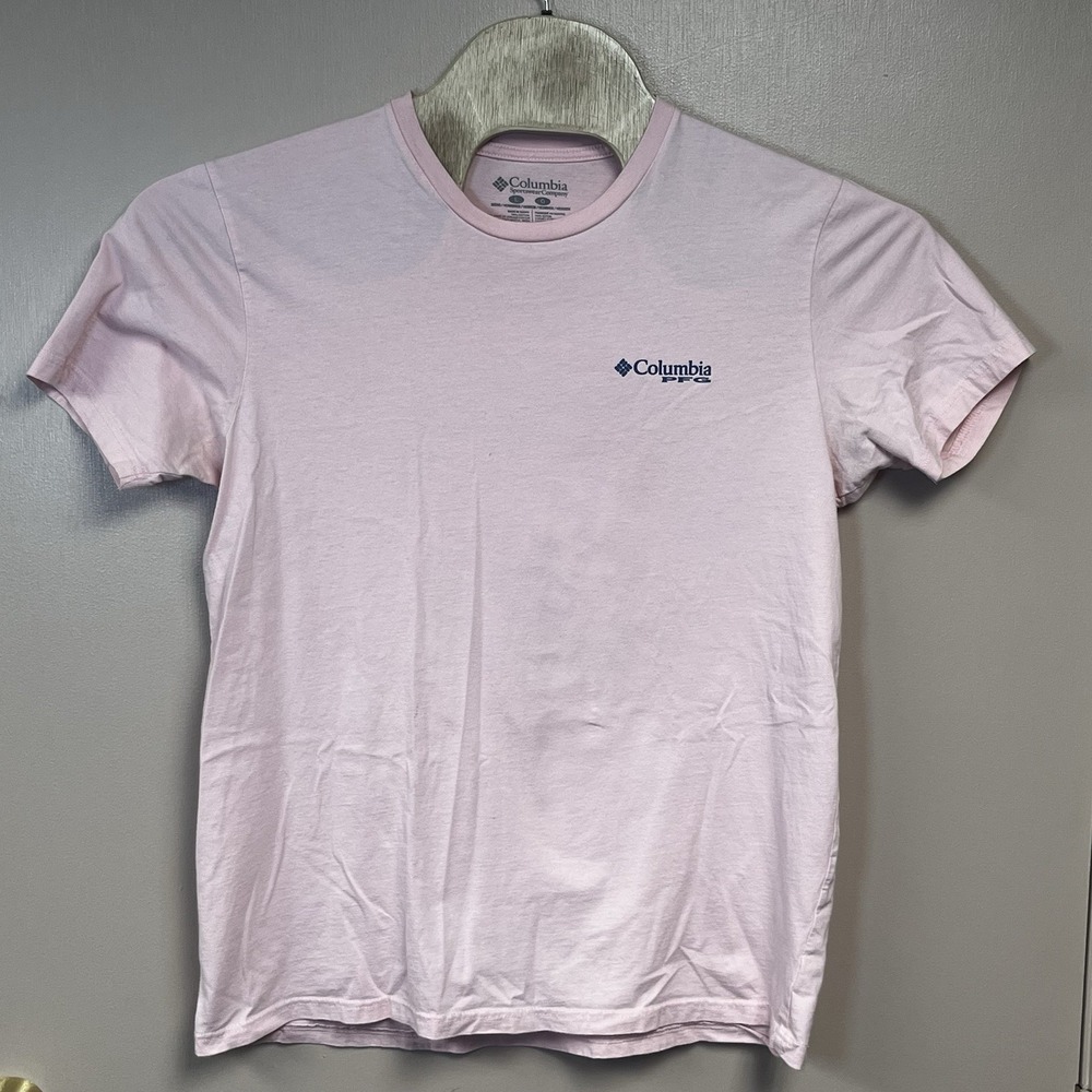 Columbia Mens PFG‎ Short Sleeve Pink Shirt Size L Blue Logo Fishing Lounge